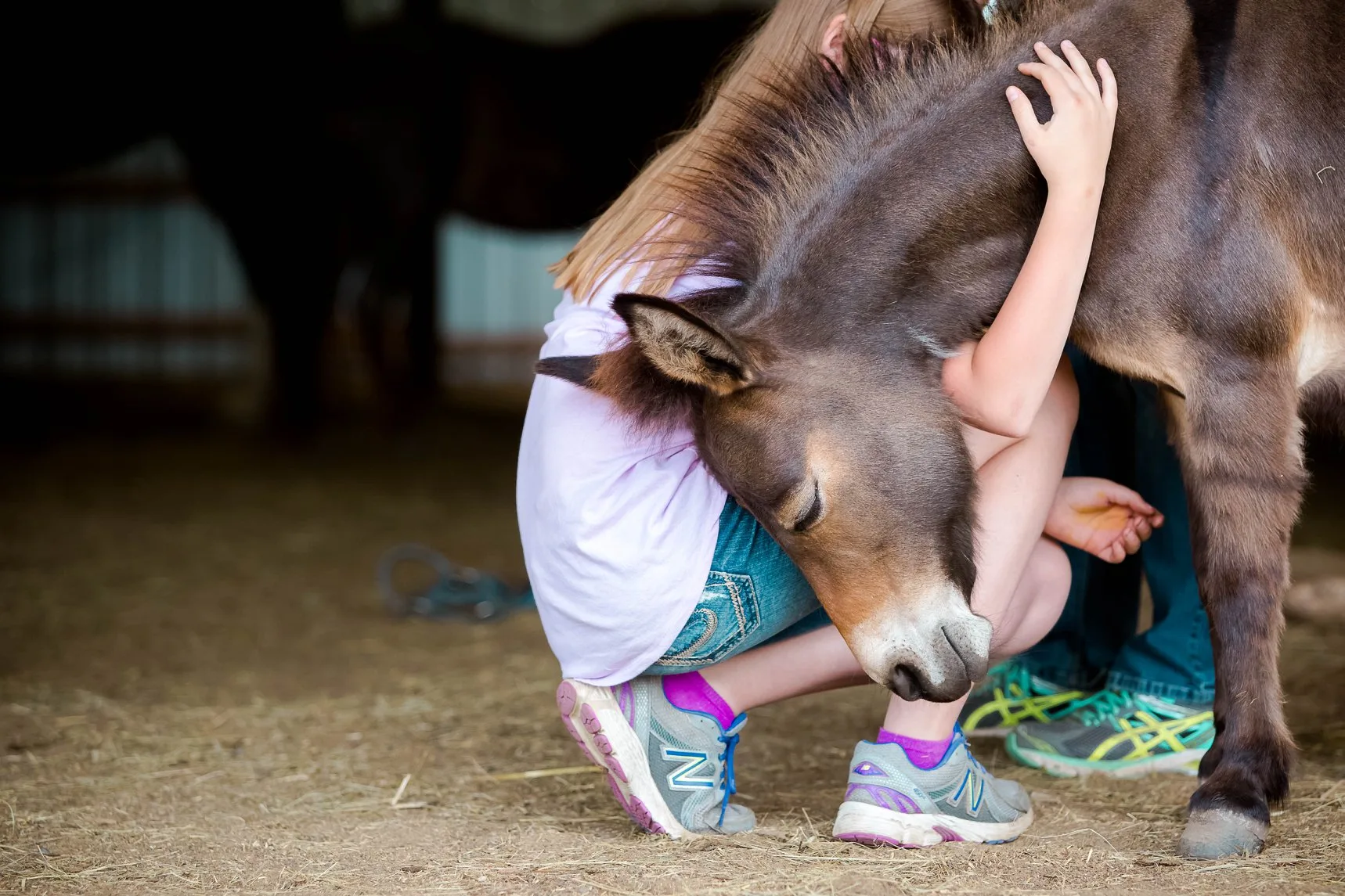 A young girl hug a horse