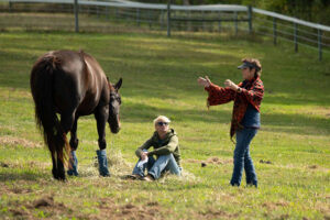 Two women in equine assisted psychotherapy training with horse